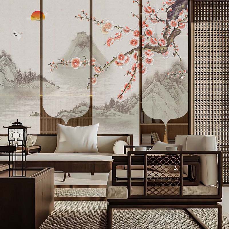 新中式茶室半透卷帘屏风中国风山水画电动软隔断窗帘遮光挂式纱帘