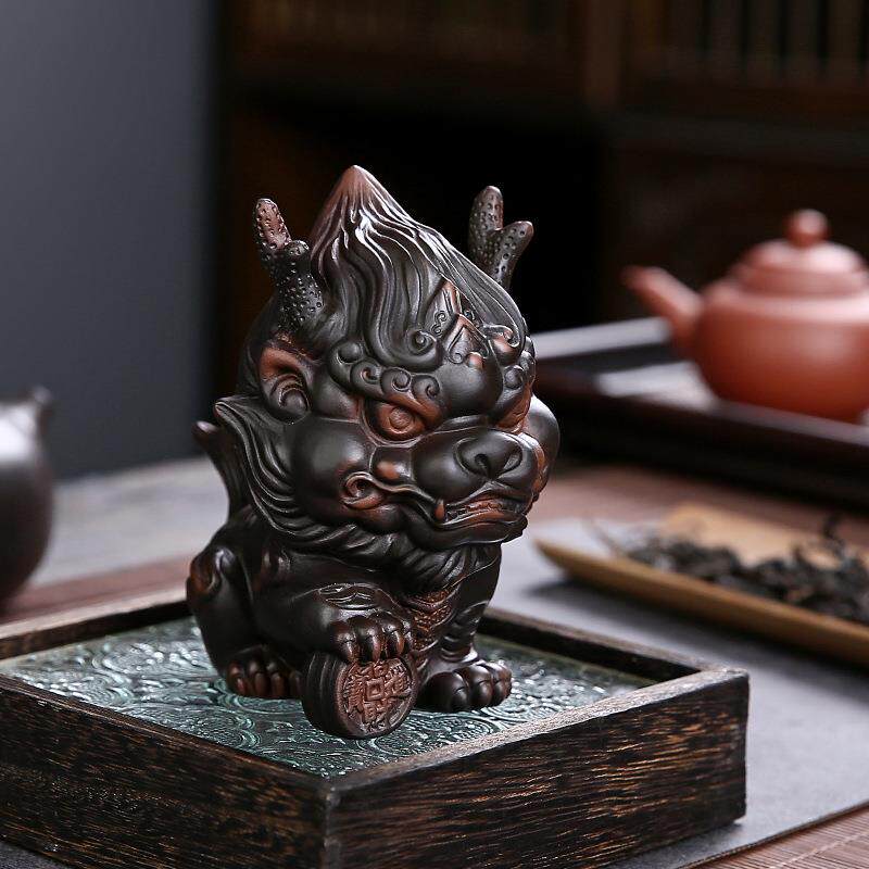 创意新紫品WSG茶配宠招财麒麟创意摆件精品紫陶砂摆件茶台茶具件