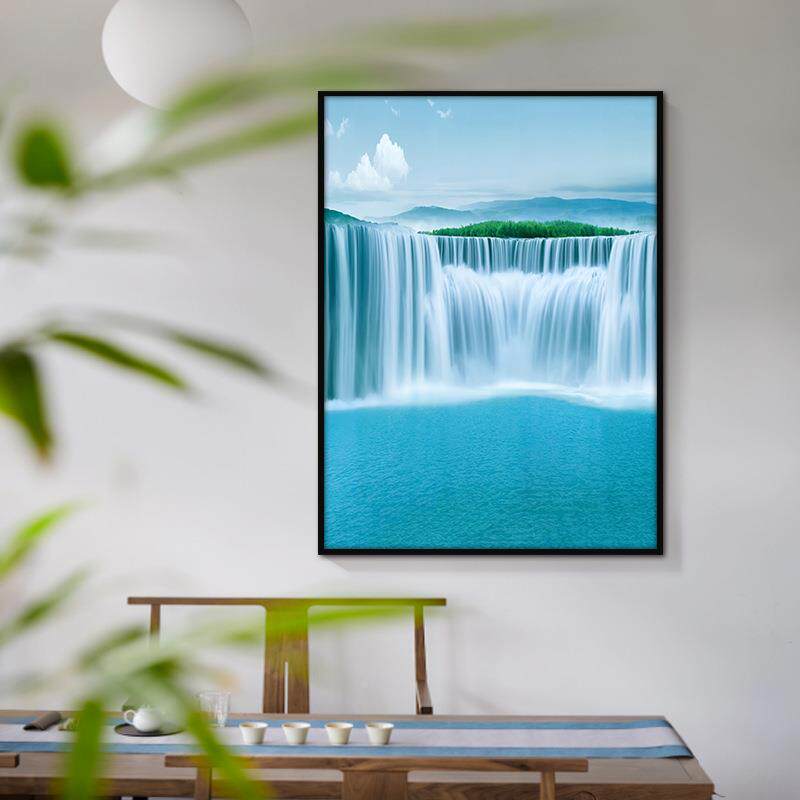 流水财黄果DBM瀑布聚宝盆风景客厅走画廊过道玄关装生饰画有框树