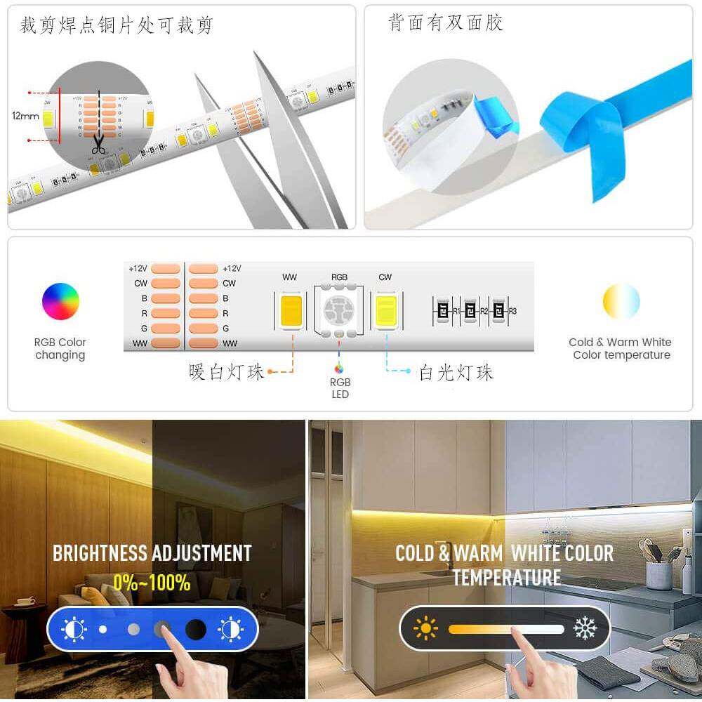 50色50RGB+2835CCT白光暖白双温灯带低压12V4V2七灯彩变色防RGBCC