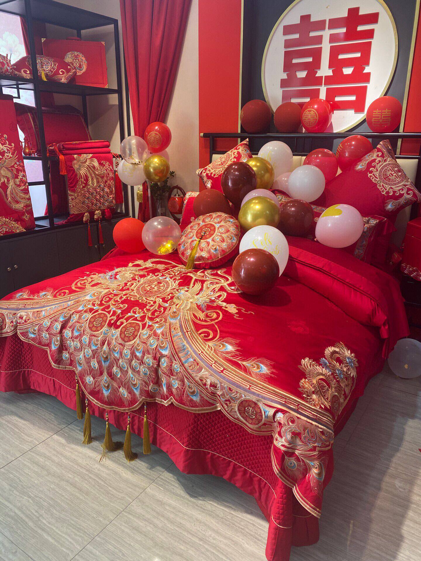 婚庆四件套大红色床单全棉龙凤绣花喜被套贡缎婚房提花结婚床上用
