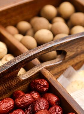 用厂家直销南美胡桃木提手果盘便携干果盒家简约JOJ四方果盘