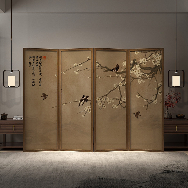 新中式花鸟屏风隔断客厅房间移动折叠玄关实木入户门卧室移动折屏
