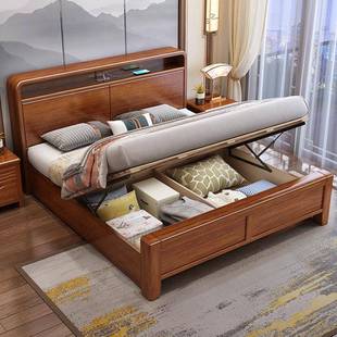胡桃木实木床家卧室双人SSP.床主卧18米加厚储物床用工.厂直销15