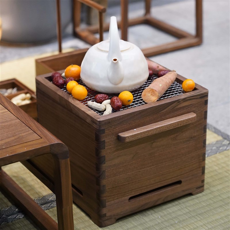 白驹格物碳炉e火钵黑胡桃木茶道烧水煮茶移动炉箱围炉取暖烤火箱