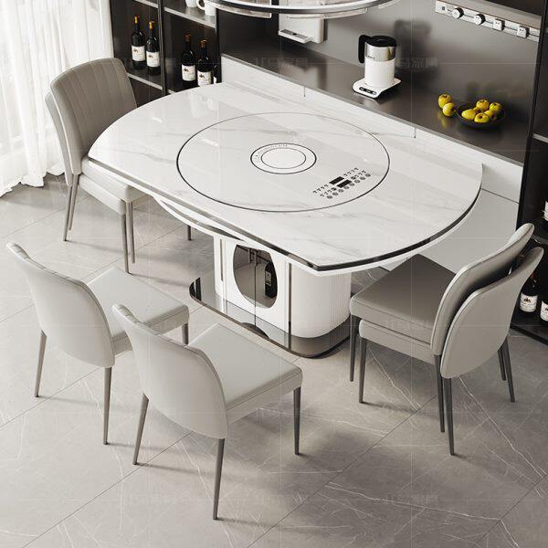 岩板餐桌椅组合可折叠伸缩带暖菜电磁炉转盘多功能饭桌现代简约