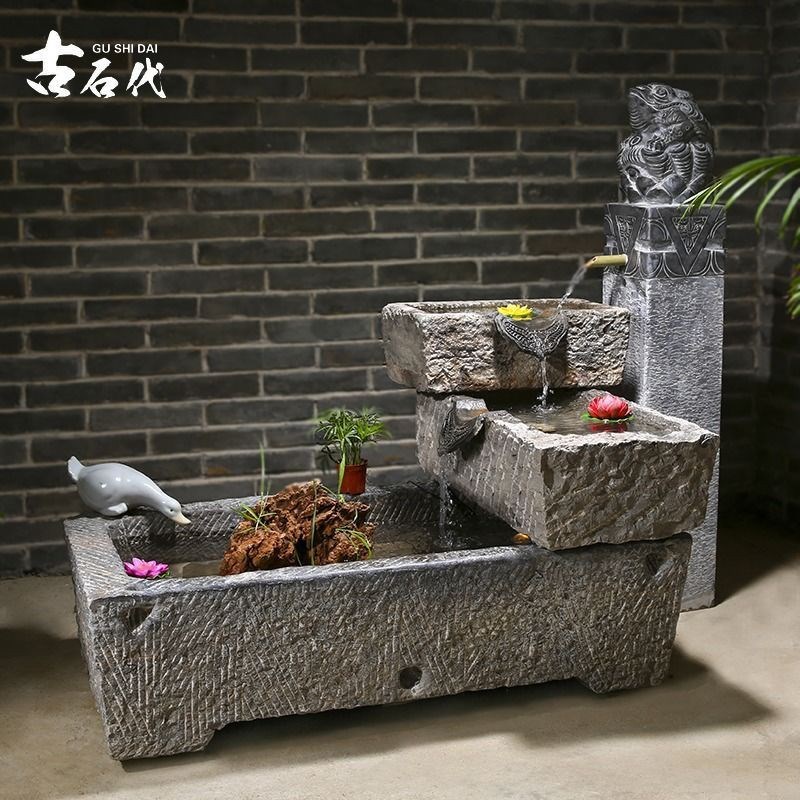 老旧石槽鱼缸鱼池石头石缸养鱼户外庭院J石磨青石马槽景观流水摆