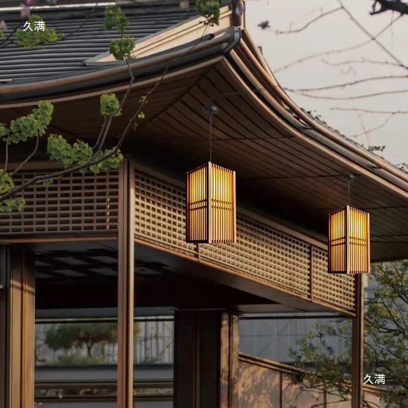 户外吊灯禅意日式原木小吊灯屋檐廊下门头灯民宿庭院凉亭灯具