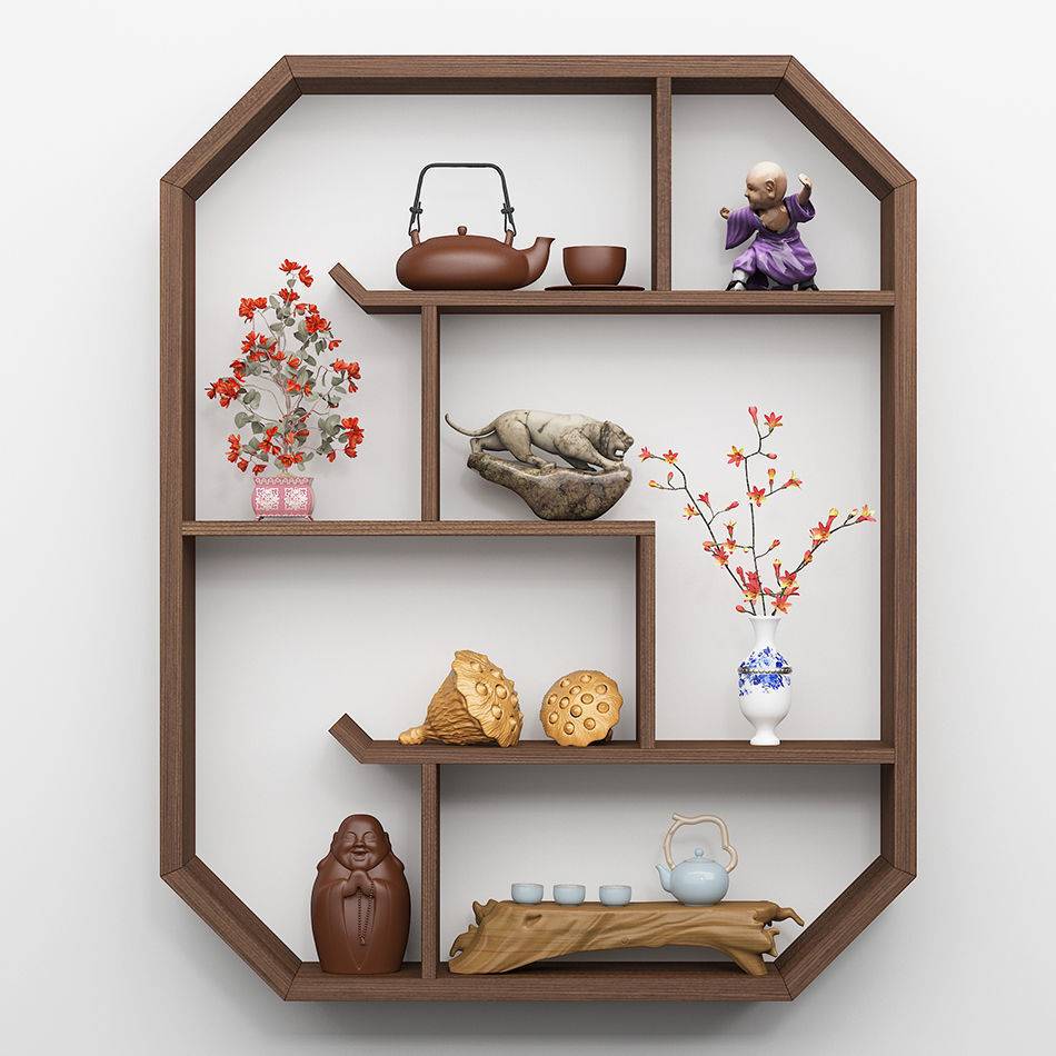 博古架实木中式简约现代客厅壁挂置物架书架墙上展示架花架禅意