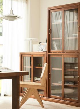 3Y实木玻推拉门书柜带璃门防储尘美式组书合架落地客厅A-015物柜收纳展