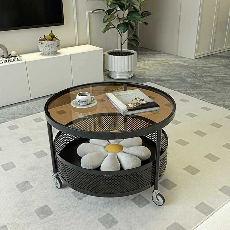 法式奶油风可移动茶几小户型客厅家用沙发边几桌带轮迷你玻璃圆桌