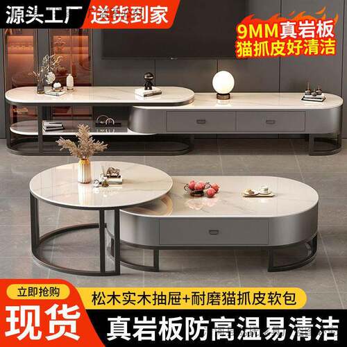 岩板茶几家用客厅轻椭2圆茶意式桌206新款储物奢小户型NSB电视柜
