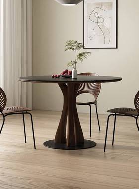 IL多塔黑胡桃色复古实木圆形餐桌小户型简约纯黑德利丰岩板圆桌饭