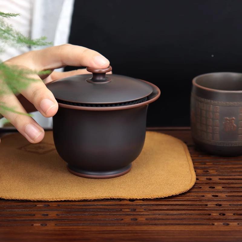 专业手抓盖碗钦广西盖碗壶过州坭兴陶壶纯手工全孔自茶带滤免茶漏