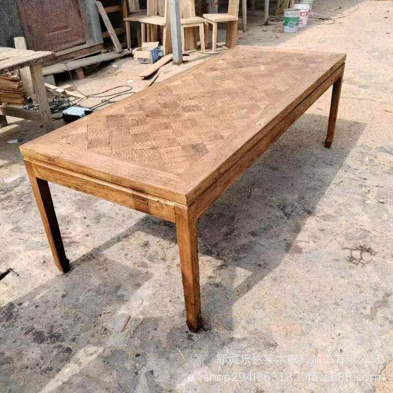 老榆木拼花桌原木做旧风化木四包边束腰马蹄拼花桌实木办公室茶桌