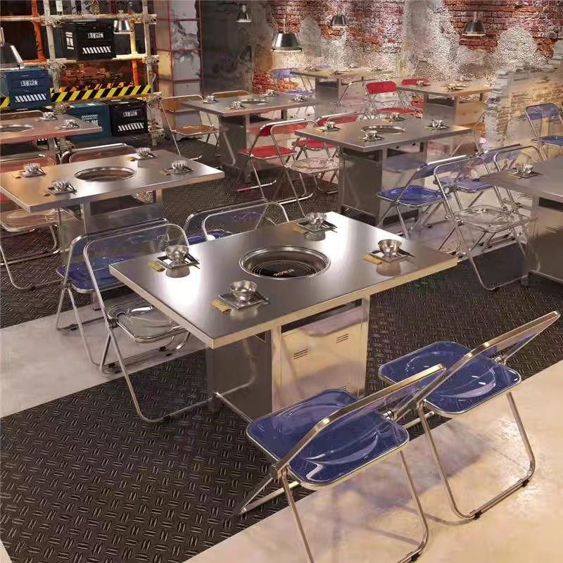 工业风韩式不锈钢烤肉油s桶桌烧烤店桌子火锅桌无烟电炭烤一体桌