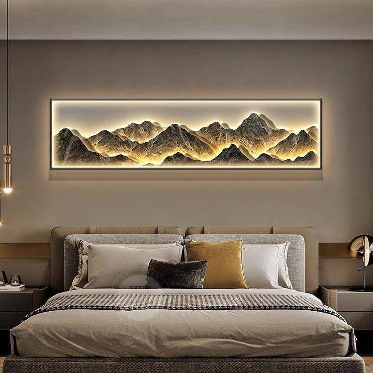 现代轻奢卧室装饰画背有靠山床头挂画山水画主卧房间LED带灯壁画