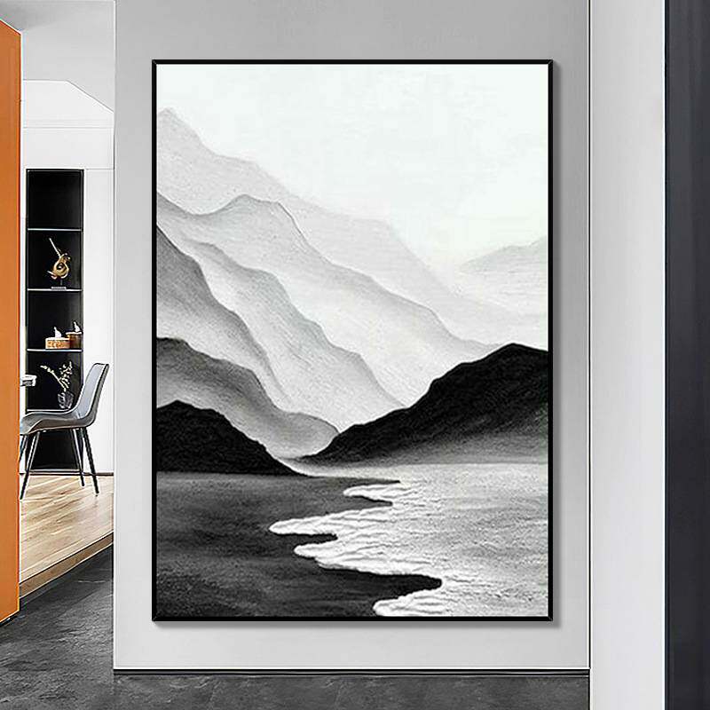 手绘油画黑白山水客厅肌理挂画现代简约走廊玄关装饰画大幅壁画
