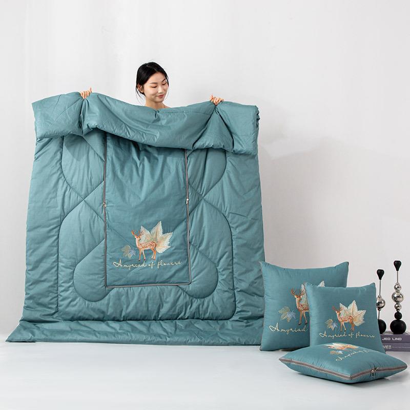 全LR二棉刺绣抱枕被一鹿相永恒爱绣花抱随枕被之刺绣两用合一