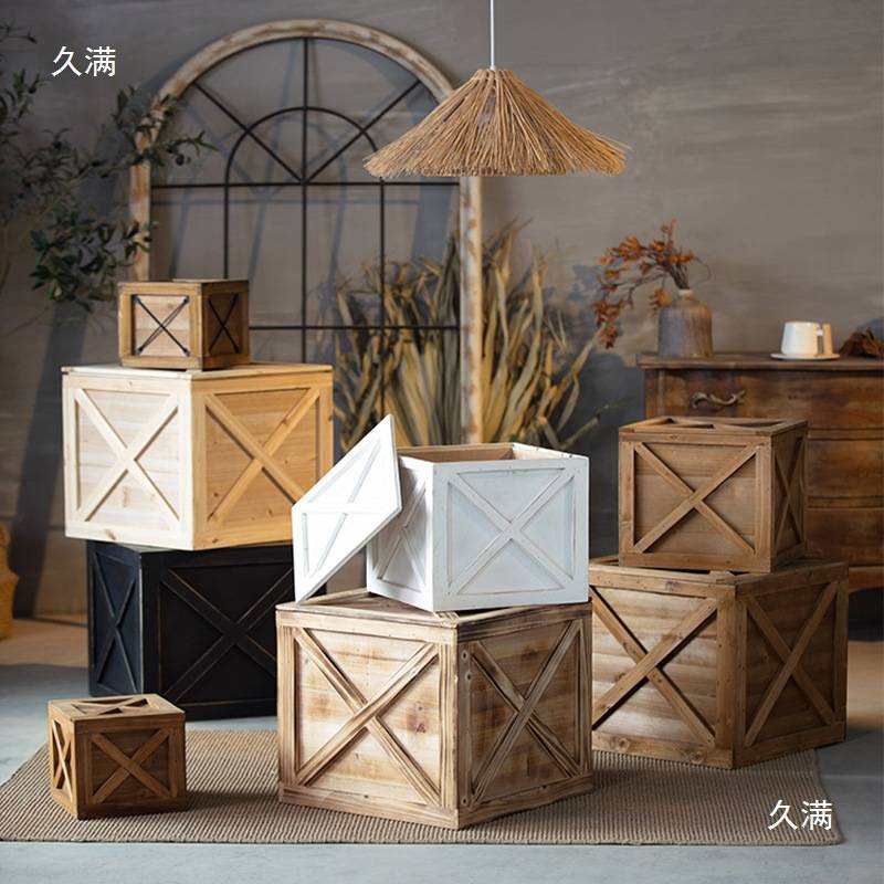 复古正方形木箱摆件服装店面餐厅模特底座装饰道具橱窗收纳箱