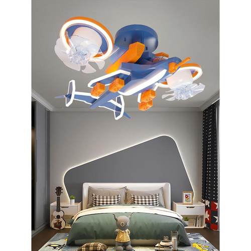 飞机风扇能灯男孩卧651室语智飞机风扇灯儿童房灯音创意战斗电扇