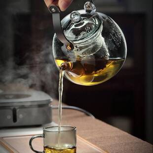跨境高硼硅玻璃提梁壶烟灰色围炉蒸煮一体胡桃木茶壶带木把泡茶壶