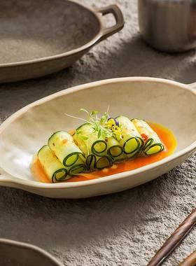 子用耳陶瓷日式餐具餐厅碟子复古感椭圆形小冷盘LZI菜家双盘