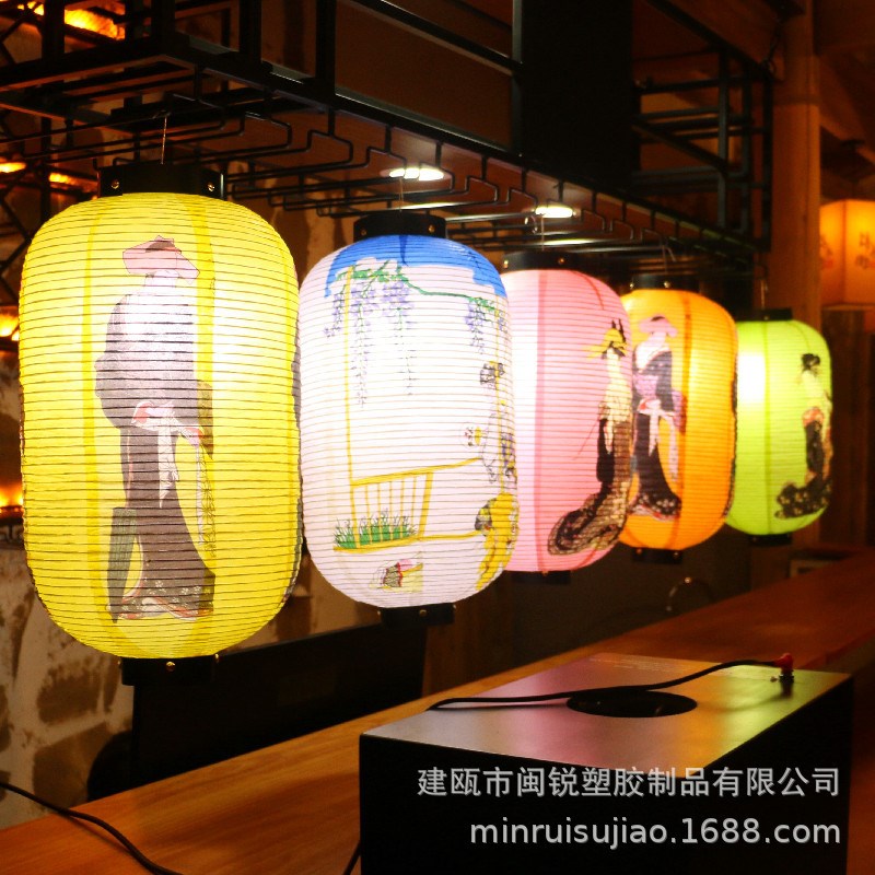 和风纸灯笼日式仕女图氛围装饰寿司料理店吊灯罩冬瓜灯笼