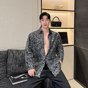 高级感小众重工艺亮片不规则衬衫男长袖炸街网红夜店演出舞台装潮