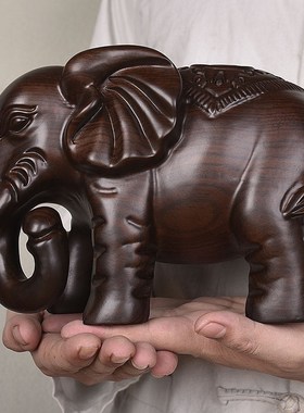 木雕大象摆饰一对招财礼品客厅玄关装饰品黑檀手工实木雕刻工艺礼