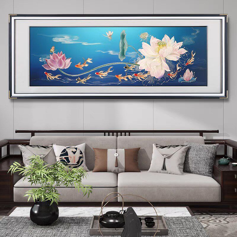 2025款手工錾刻铜雕画 画荷花九鱼图中式客厅装饰画 画沙V发背景