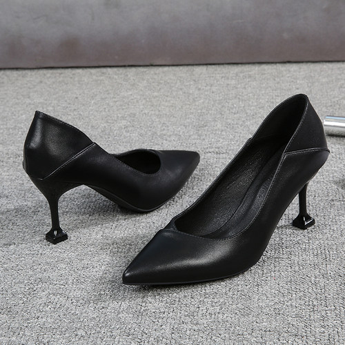 黑色皮鞋女工作鞋职业软底礼仪鞋中跟G面试上班鞋单鞋女尖头高跟