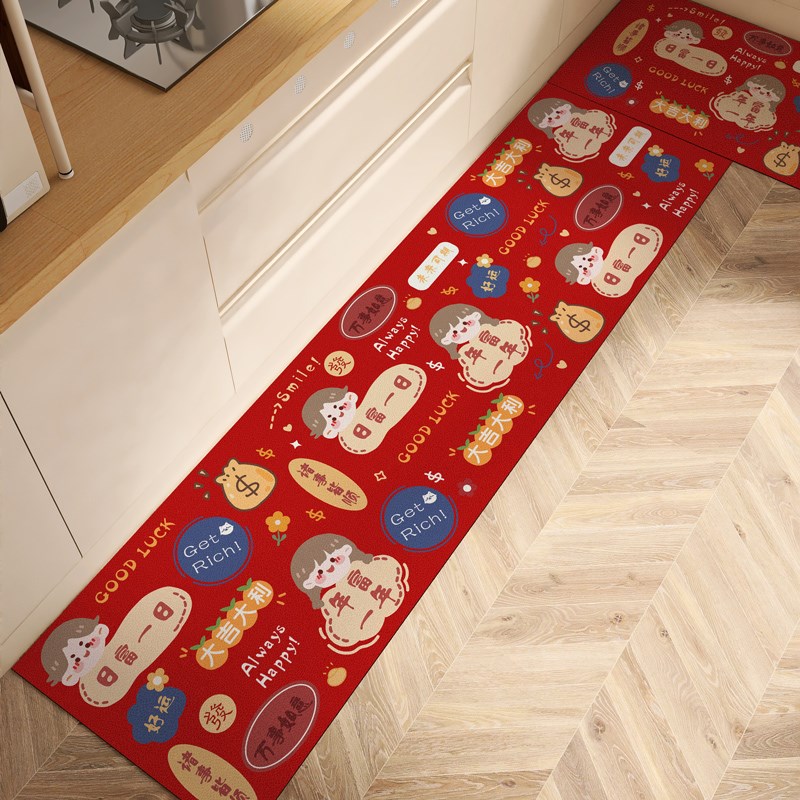 中式喜庆皮革厨房地面地垫防水防滑防油免洗可裁剪家用方形脚垫子