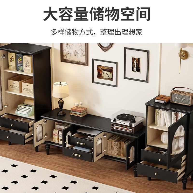 黑色SX66古法式实木柜电视客厅家用收纳储复物柜一体美边柜落地式