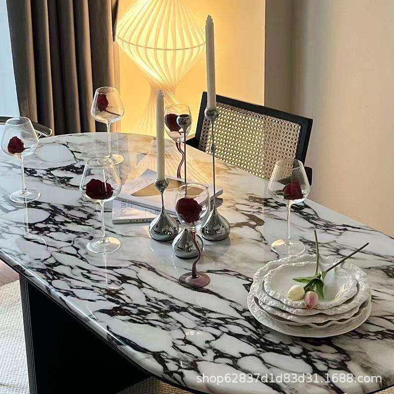 奶油中红古风法式古实木餐桌ams01椅形设计复师款大理石半圆网饭