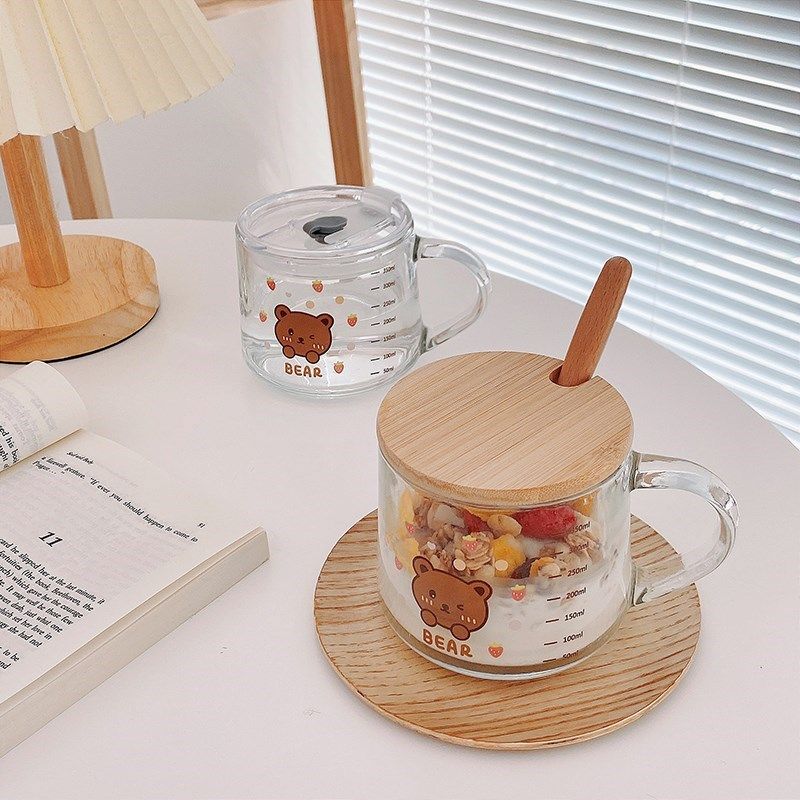 ins透明水杯女玻璃杯r牛奶咖啡早餐杯学生儿童可爱刻度杯子带盖勺