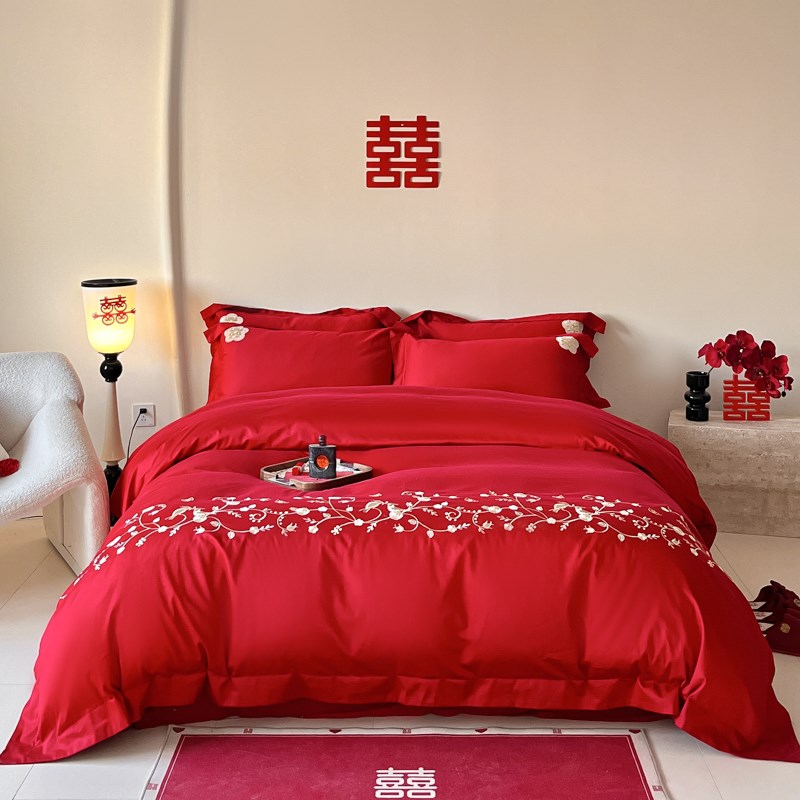 简约结婚床上四件套婚床婚嫁纯棉被套床单婚庆全棉大红色婚房喜被