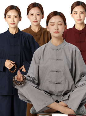 海青居士服禅修服高档男女款春夏四季打坐服法会盘V扣棉布透气套