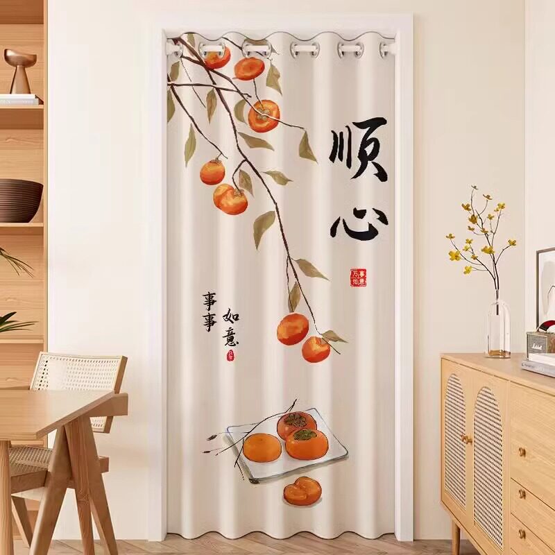 中式门帘免打孔家用伸缩杆厨房隔断帘卫生间卧室房间防风遮挡帘子图片