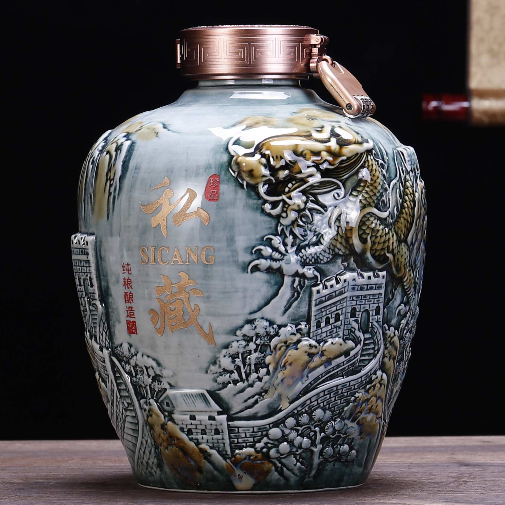 景德镇陶瓷酒瓶5/10斤装2.5L浮雕长城盘龙私藏雕刻创意空酒坛木盒