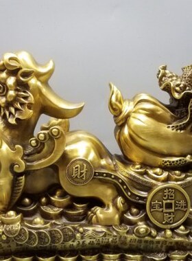 铜制全铜大号纯铜神兽送财黄铜百财貔貅拉白菜客厅招财摆件高35cm