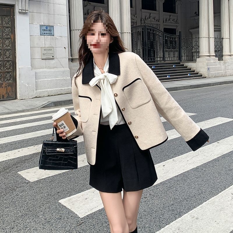 新款小香风短款灰色外套女秋冬季复古设计感小众气质长袖上衣