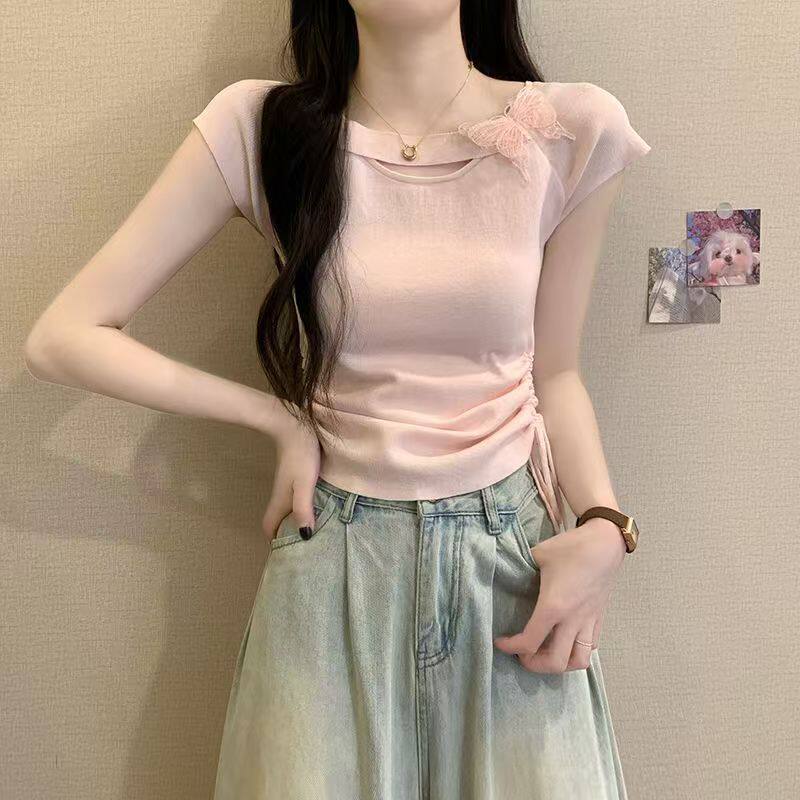 气质甜美立体蝴蝶短袖针织t恤女设计感抽绳修身显瘦百搭粉色上衣