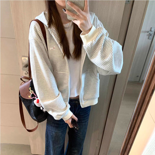 宽松慵懒风休闲百搭开衫 外套女新款 复古条纹连帽短款 美式