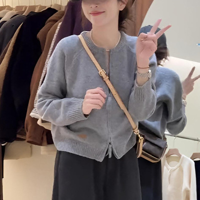 灰色双拉链圆领长袖针织