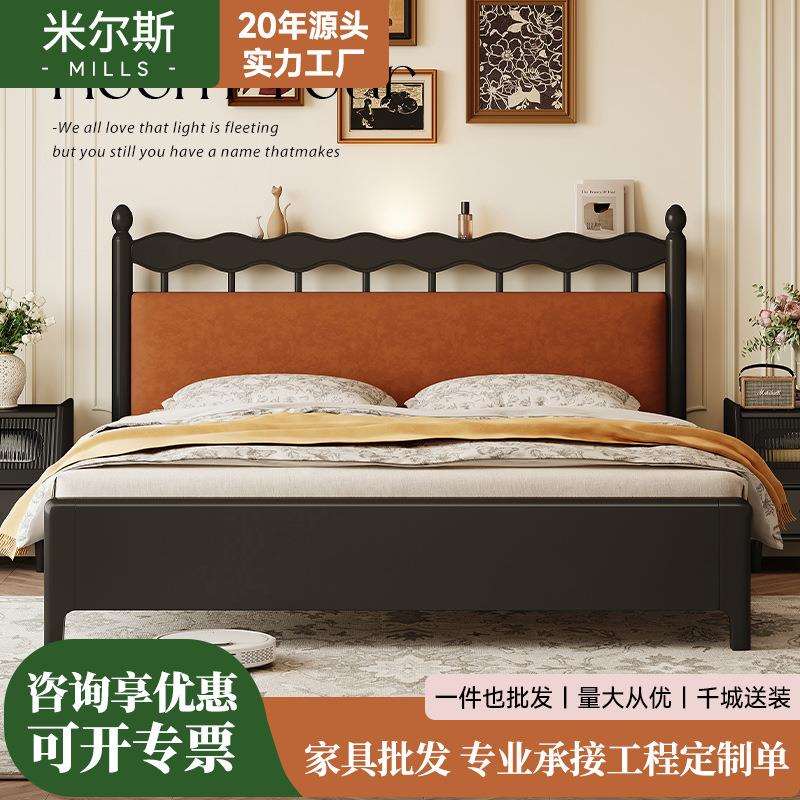 大厂直销美式复古床实木床架1米8床家用卧室双人床带储物纯实木床