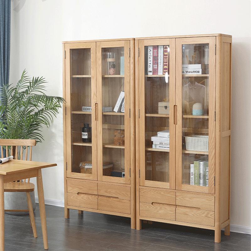 北欧实木带门书柜橡木书架钢化玻璃展示柜简约现代家具收纳