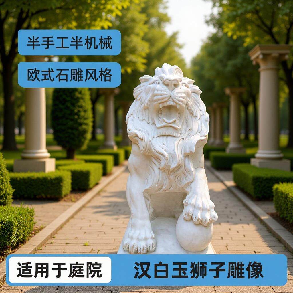 北京白色大理石狮子欧式石雕动物酒店别墅庭院门口摆件汉白玉材质
