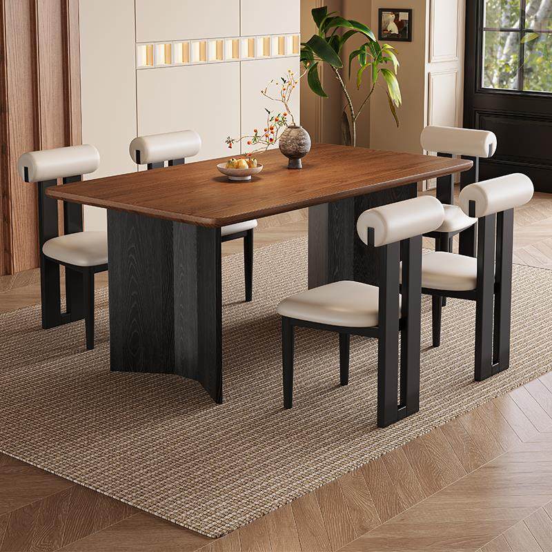 法式中古风实木餐桌椅组合家用小户型长方形白蜡木覆古黑色饭桌子