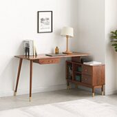 黑胡桃实木可移动多功能伸缩转角书柜组合北欧现代木蜡油写字书桌